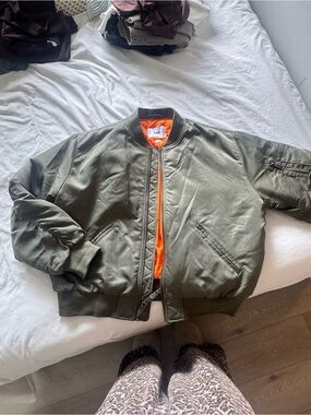 Aritzia TNA Olive Bomber Jacket with Orange Lining -